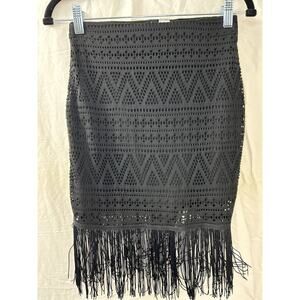 Divided Black With Fringe Mini‎ Skirt Womens Sz 4 Festival Grunge Goth BodyCon